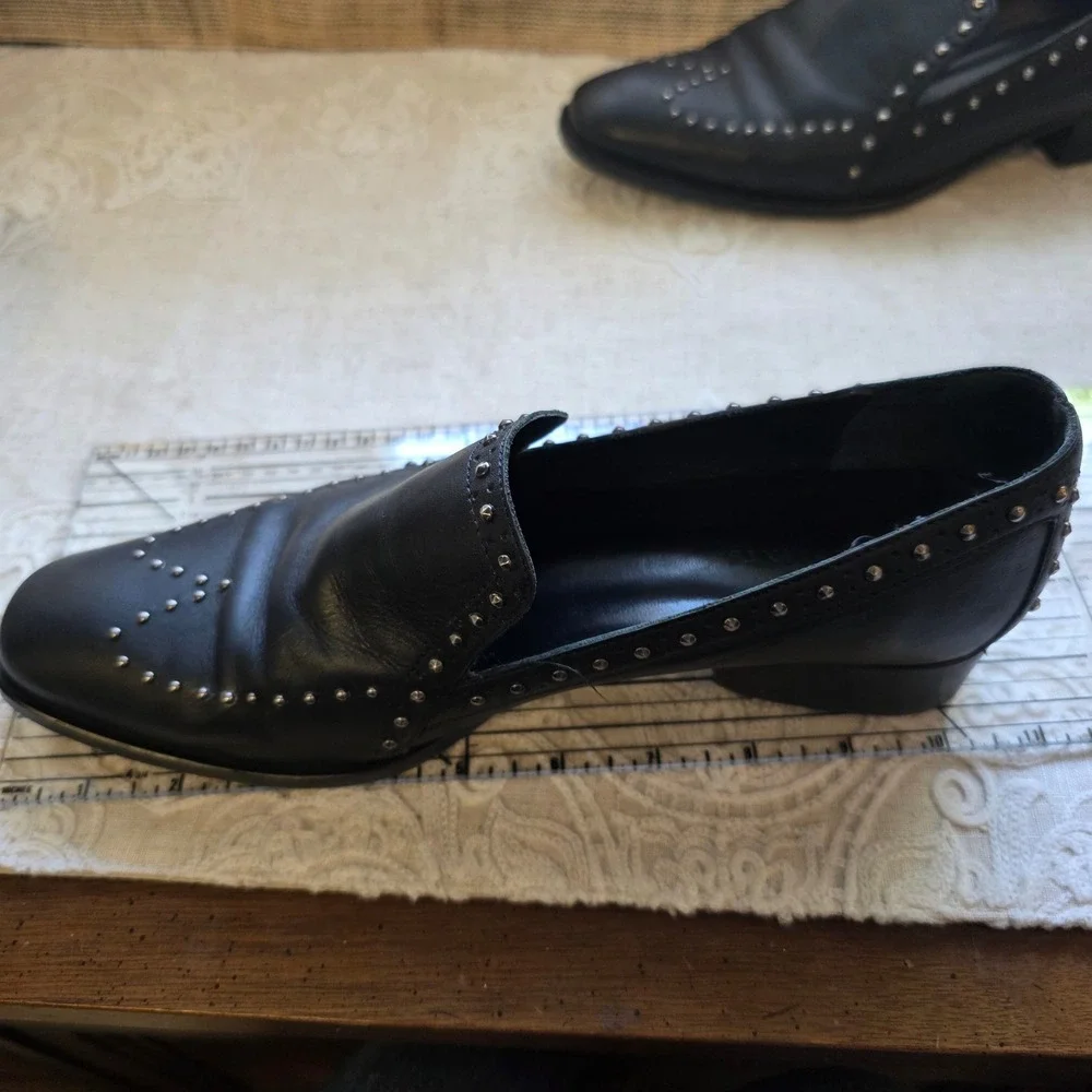AllSaints Leather Studded Loafers 39 8.5 Black Silver Stud Slip On Shoe Portugal